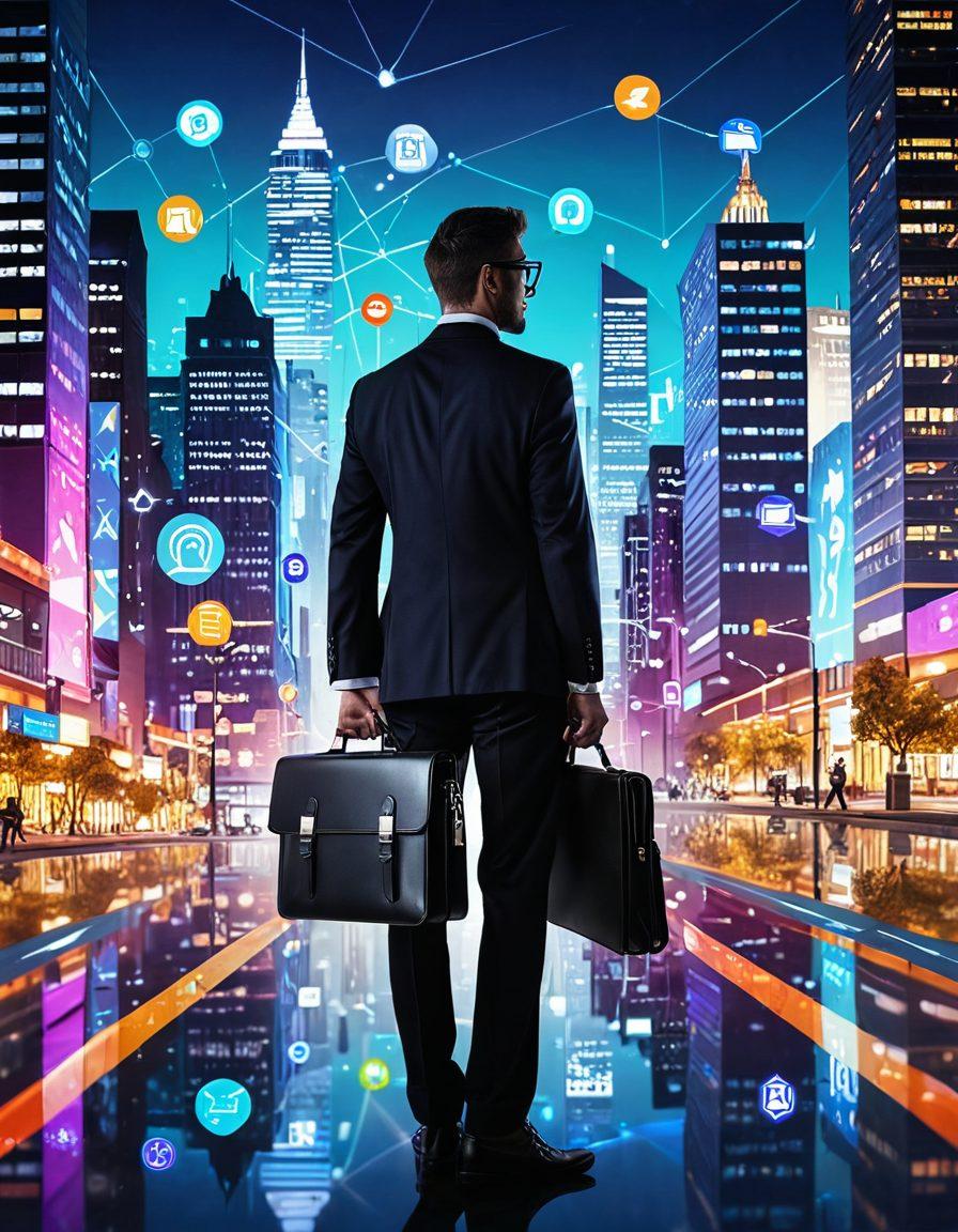 A professional individual standing confidently in front of a bustling cityscape, with icons representing various industries and job opportunities floating in the air. The person is engaged in a conversation with digital avatars of hiring managers, while a glowing roadmap of career paths winds around them. Include elements symbolizing success, such as a briefcase and upward trending graphs. vibrant colors. super-realistic. urban background.