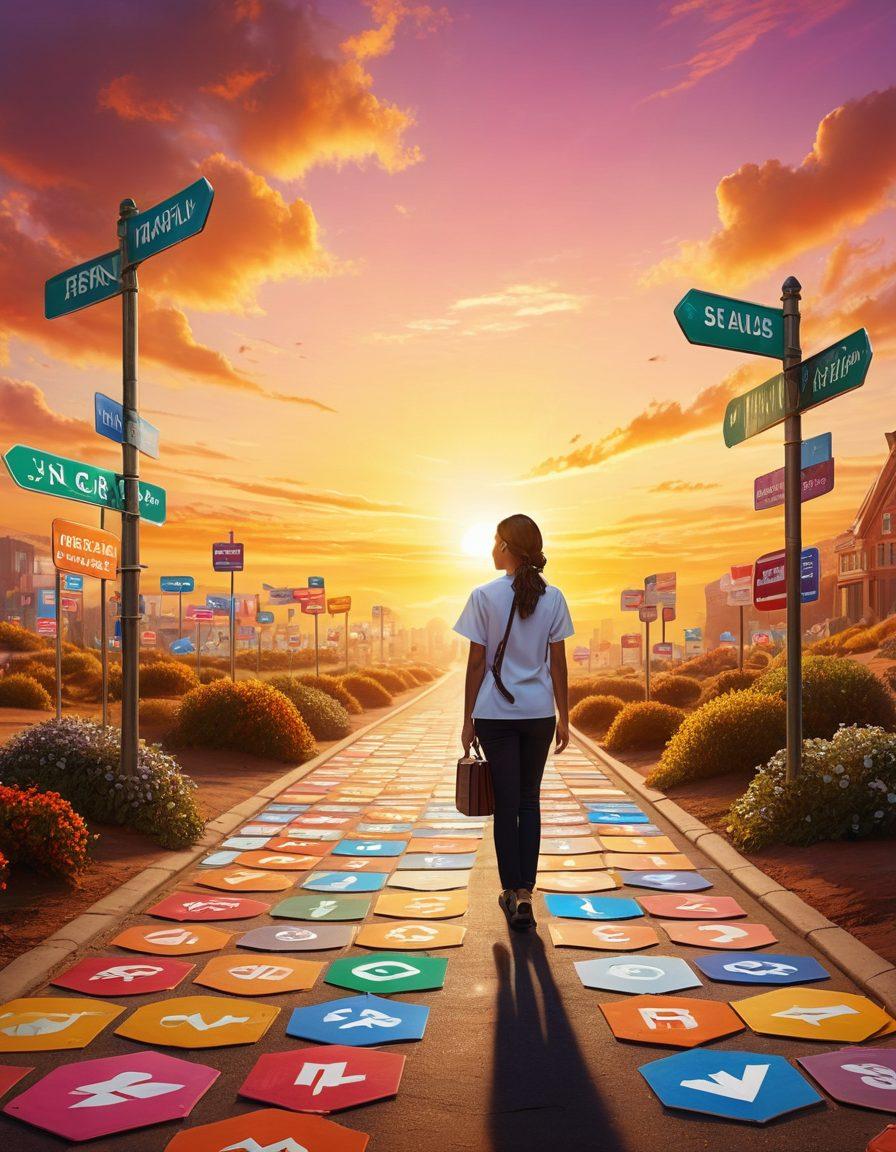 A person standing at a crossroads with multiple colorful signs pointing to various career paths, each sign representing different job opportunities like 'Tech', 'Healthcare', 'Education', and 'Creative Arts'. The background depicts a bright sunrise symbolizing hope and new beginnings. The scene conveys a sense of motivation and potential for growth. super-realistic. vibrant colors. uplifting atmosphere.