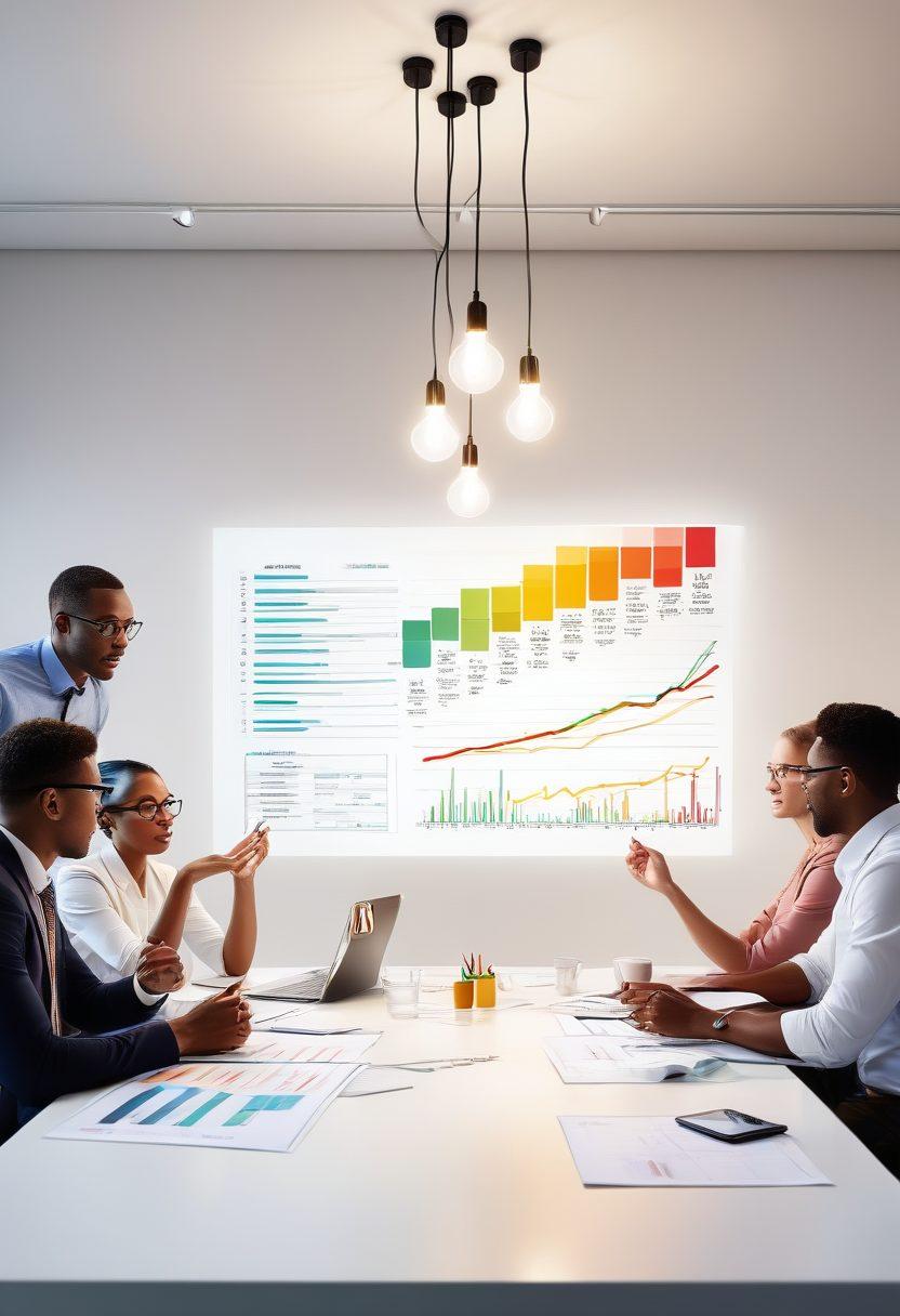 A visually striking image of a diverse group of professionals collaborating around a table, with glowing light bulbs above their heads symbolizing ideas and innovation. In the background, there are charts and graphs showing upward trends, representing career growth. The setting is modern and vibrant, exuding positivity and motivation. super-realistic. vibrant colors. white background.